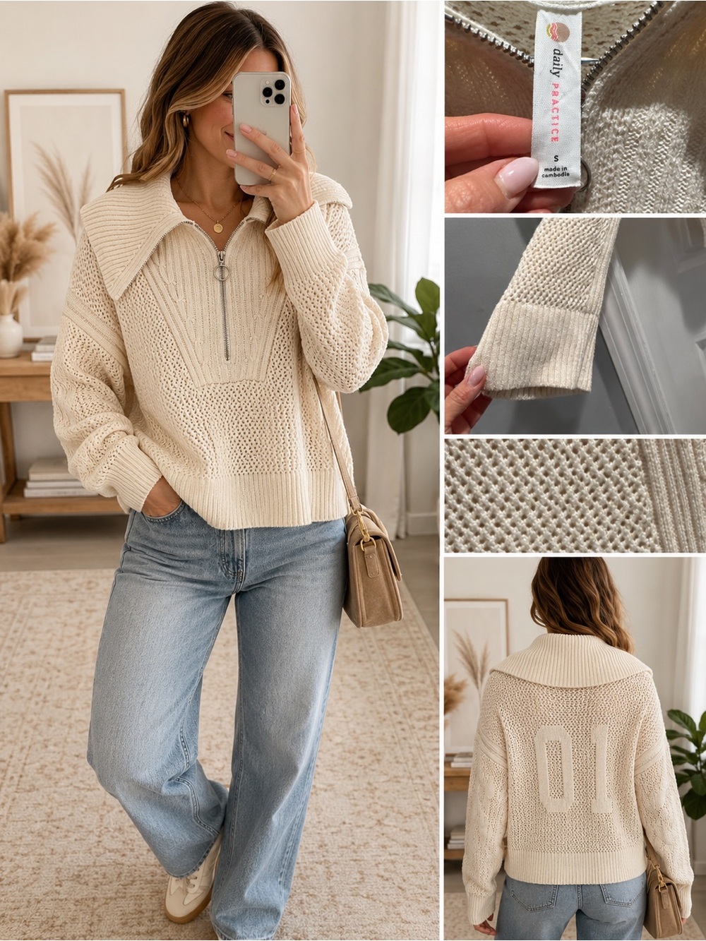 Daily Practice Cream Half-Zip Cowl Sweater size small